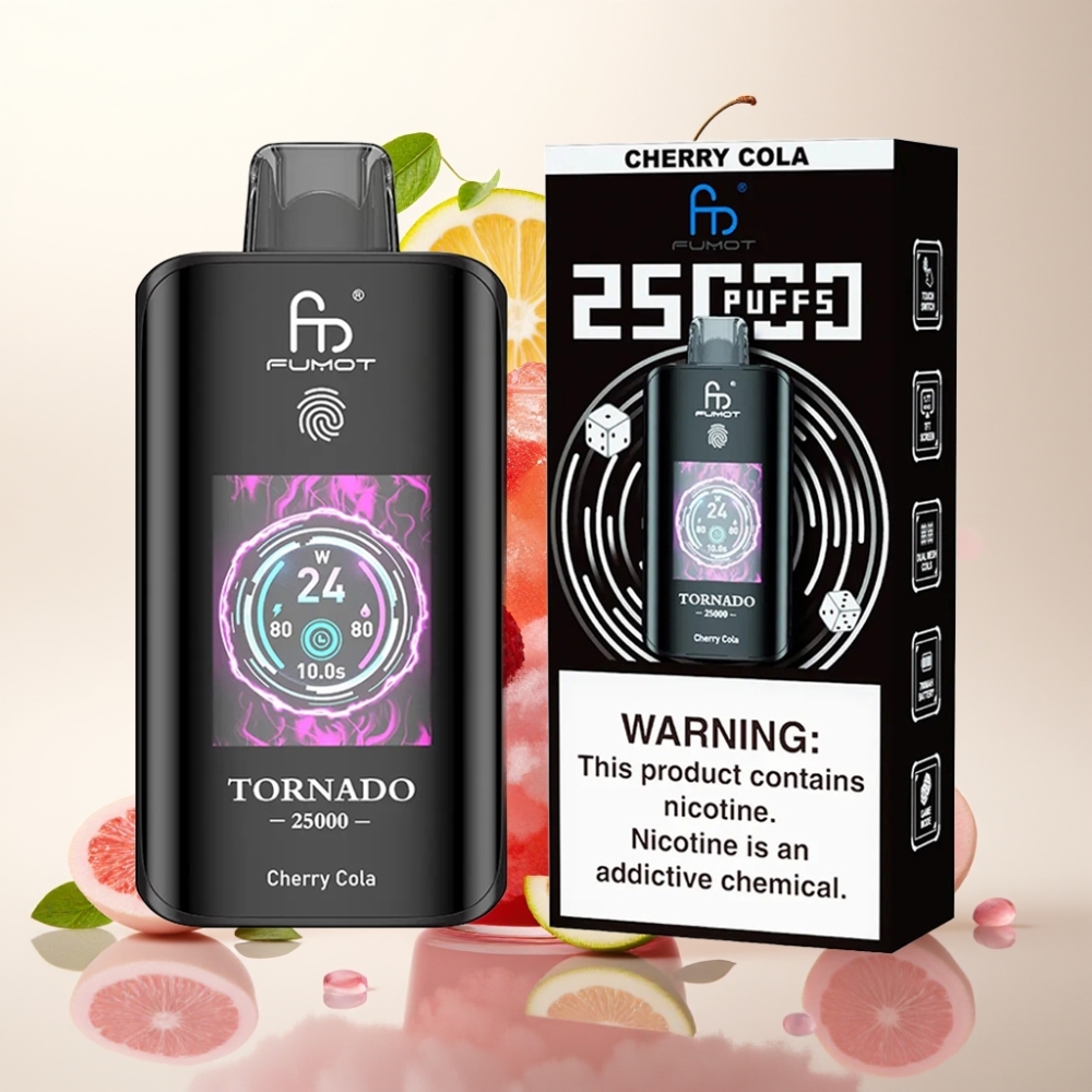 فوموت تورنادو Fumot Tornado 25000 نفخة شيري كولا، شاشة HD، 20مل، شحن Type-C