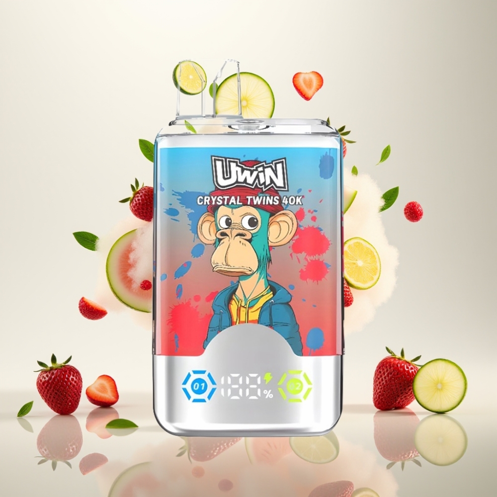 يوين كريستال توينز UWIN Crystal Twins 40000 نَفخة - فراولة بطيخ ليمون لايم، ٣٢مل، شاحن Type-C