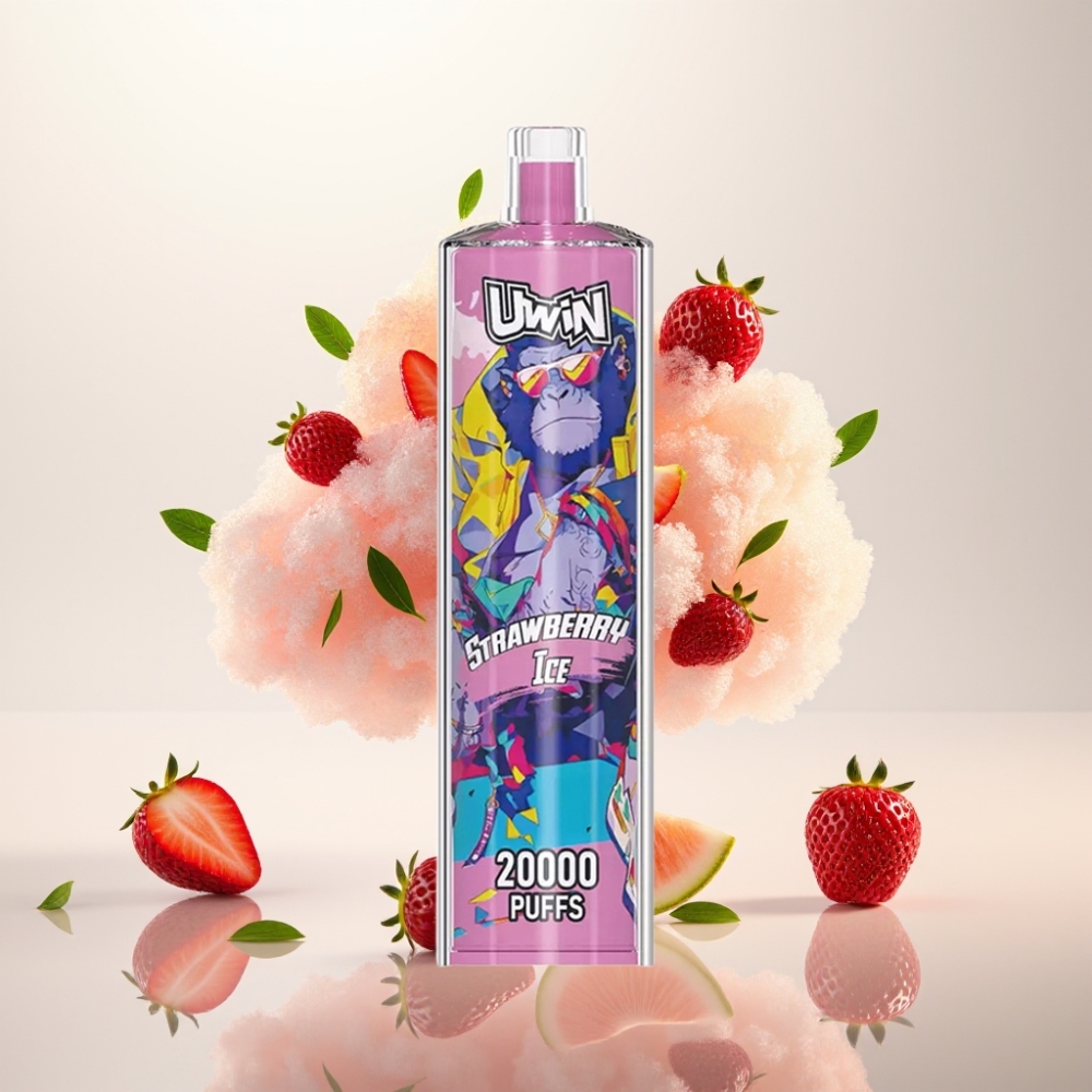 يوين شيشة كريستال Uwin Shisha Hookah Crystal 20000 نفخة - فراولة آيس (0%-5% نيكوتين، 22مل، 650 مللي أمبير)