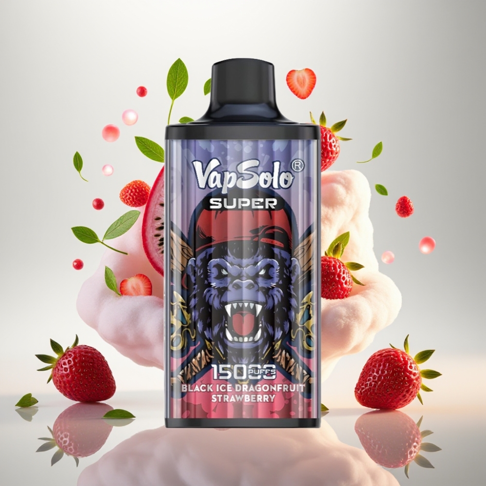 فابسولو سوبر Vapsolo Super 15000 نفخة - أسود، ثلج فاكهة التنين بالفراولة، 40 مل، 850 ملي أمبير